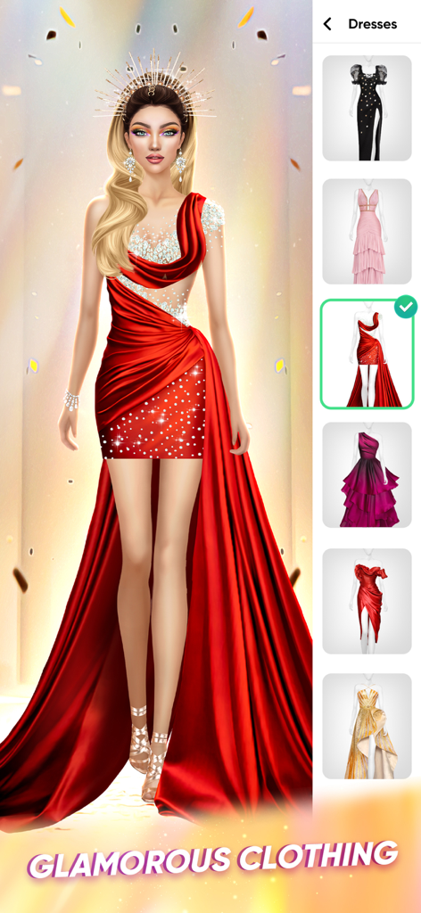 Eine weibliche digitale Avatarin, die ein glamouröses rotes Kleid mit einer goldenen Kopfbedeckung in einem Mode-Anzieh-Spiel trägt