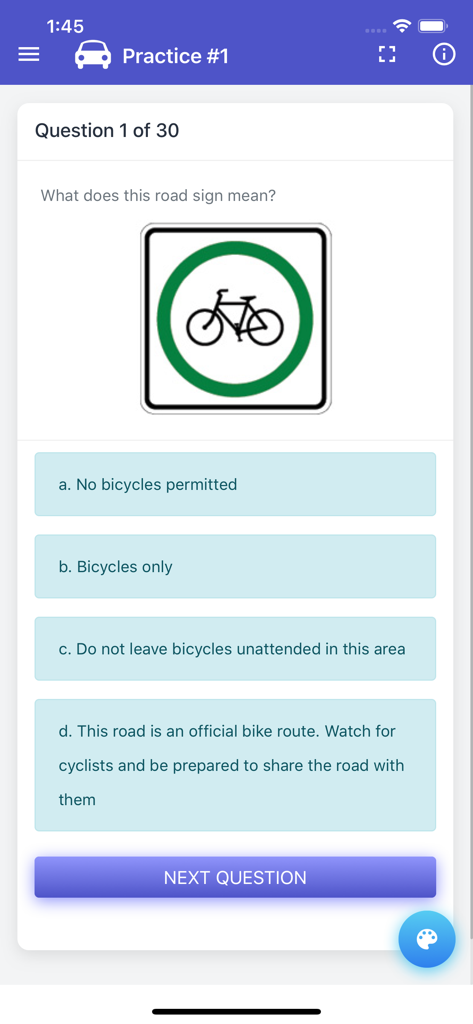 Quebec Class 5 Driving Test - Une question pratique de l'application Quebec Class 5 Driving Test montrant un panneau de signalisation pour bicyclette et des réponses à choix multiples.