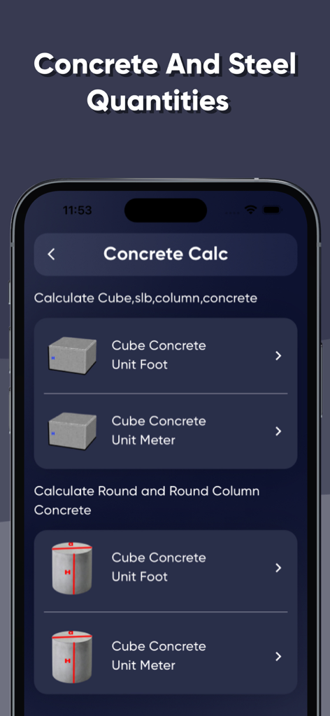 Civil Site Engineer App - Oberfläche der Civil Site Engineer App, die Optionen zur Berechnung der Betonmenge für Würfel und runde Säulen in Fuß und Metern anzeigt