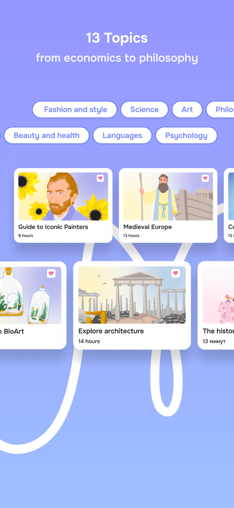 Pantalla de la aplicación Introvert mostrando diversos temas educativos como Ciencia del Arte y Psicología.