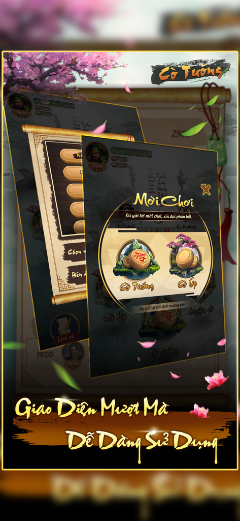 Cờ Tướng Việt Nam - A screenshot of the Co Tuong Viet Nam mobile app interface showing game modes for traditional Chinese Chess and Co Up with a traditional Vietnamese scroll design.