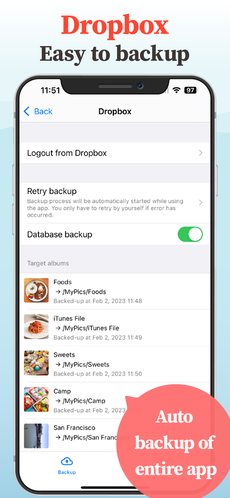 Screenshot of MyPics app showing the Dropbox backup settings and a list of synced photo albums