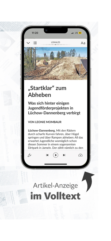 Full-text article display in the EJZ news app showing a story about local youth projects in Luchow-Dannenberg.