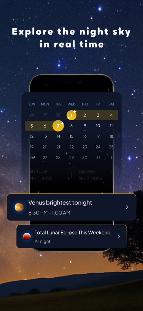 Tela de um aplicativo de observação de estrelas com um calendário de eventos e notificações para Vênus e um eclipse lunar sobre um fundo de céu estrelado