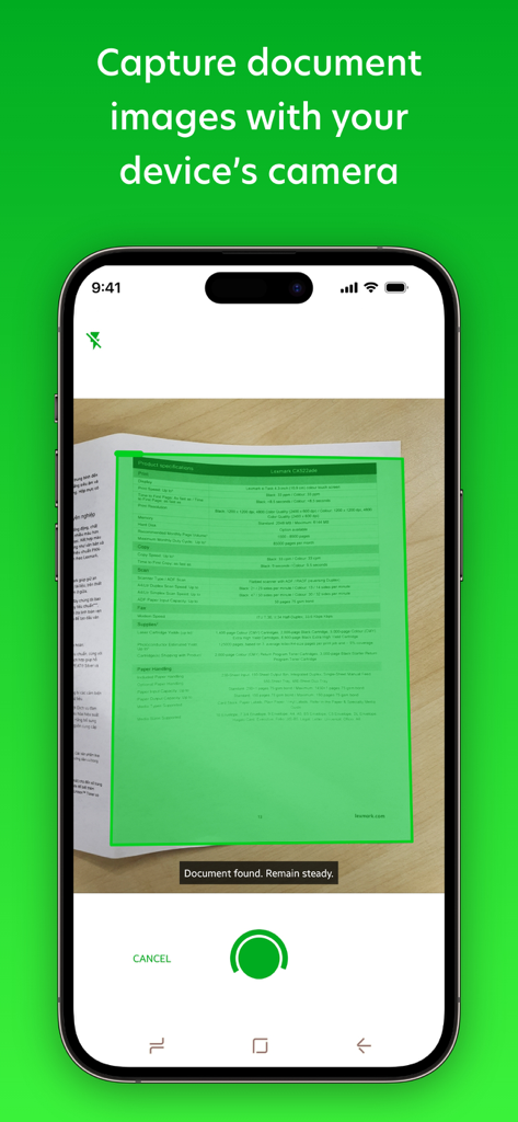 Lexmark - Tela de smartphone exibindo o aplicativo Lexmark capturando uma imagem de documento usando a câmera do dispositivo.