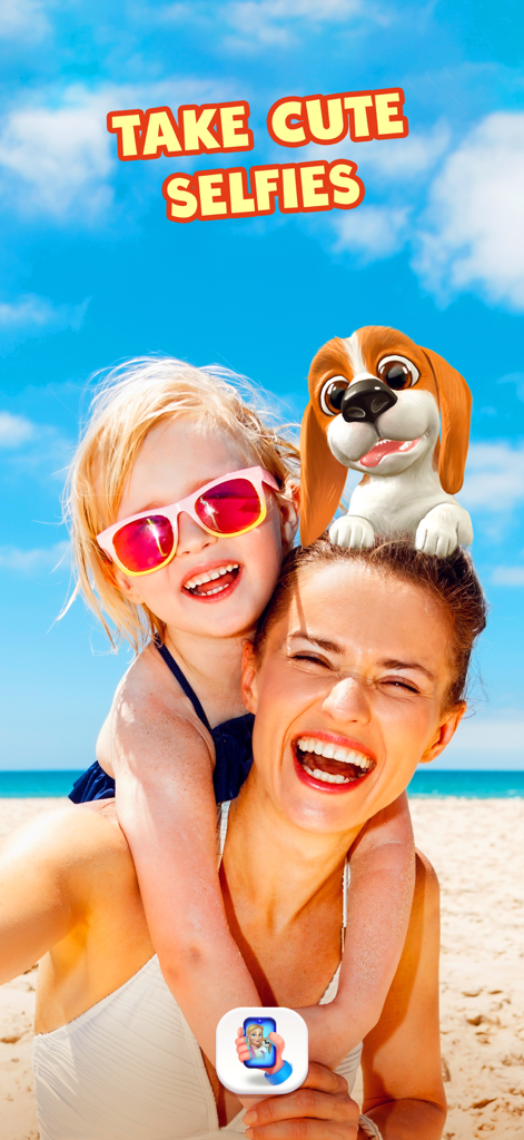 A woman and young girl smiling at the beach with an AR beagle puppy on the woman's head