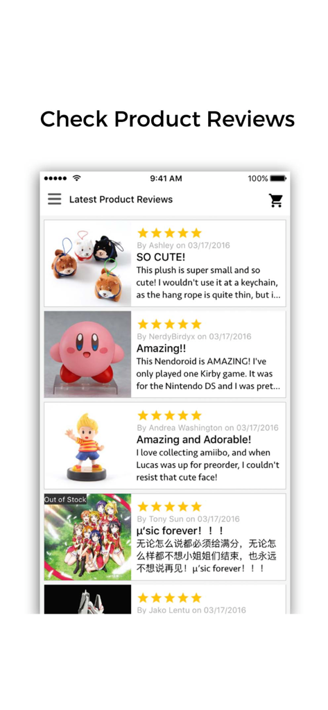 TOM Shop - A screen from the TOM Shop app showing authentic customer reviews for anime figures and plushies with 5 star ratings