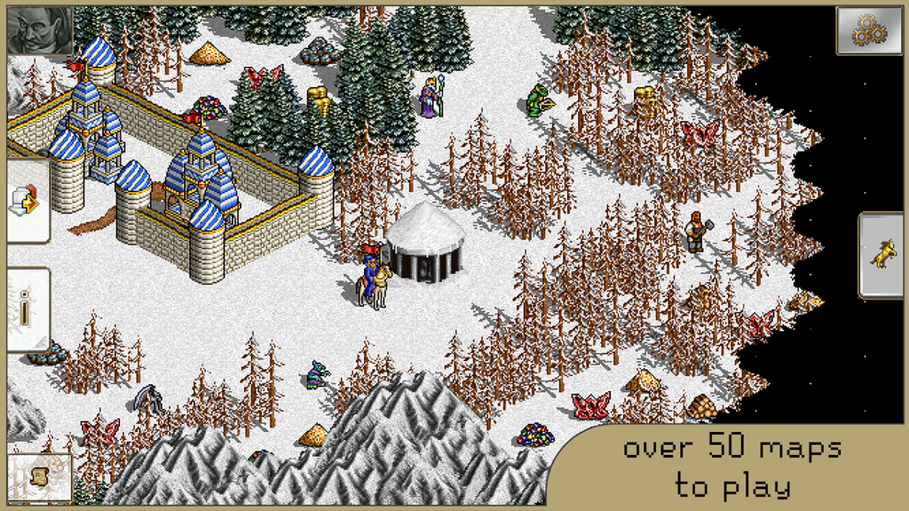 Gameplay screenshot of PK2 Remastered showing a hero on a horse and a castle in a snowy winter landscape
