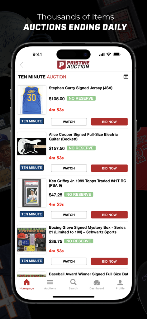 Pristine Auction mobile app screen displaying live ten minute auctions for signed sports jerseys and trading cards