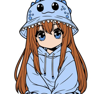 girl with anime shaped eyes with a dinosaur bucket hat oversized sweatshirt long straight hair