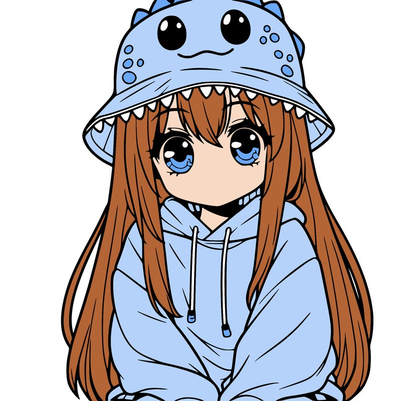girl with anime shaped eyes with a dinosaur bucket hat oversized sweatshirt long straight hair