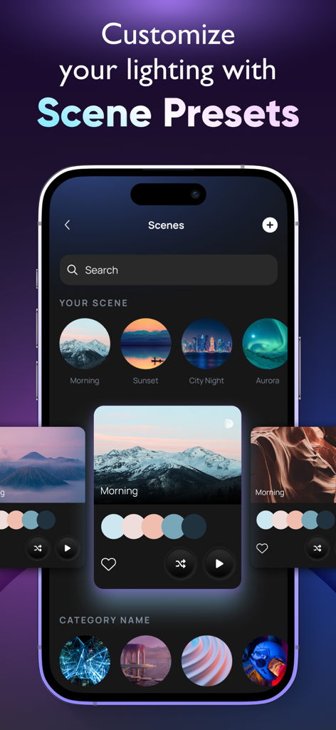 A smartphone interface showing customizable lighting scene presets like morning and sunset for smart LED lights