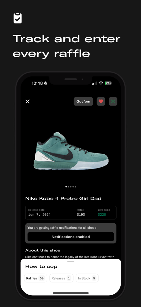 Sole Retriever mobile app showing sneaker raffle and release information for Nike Kobe 4 Protro