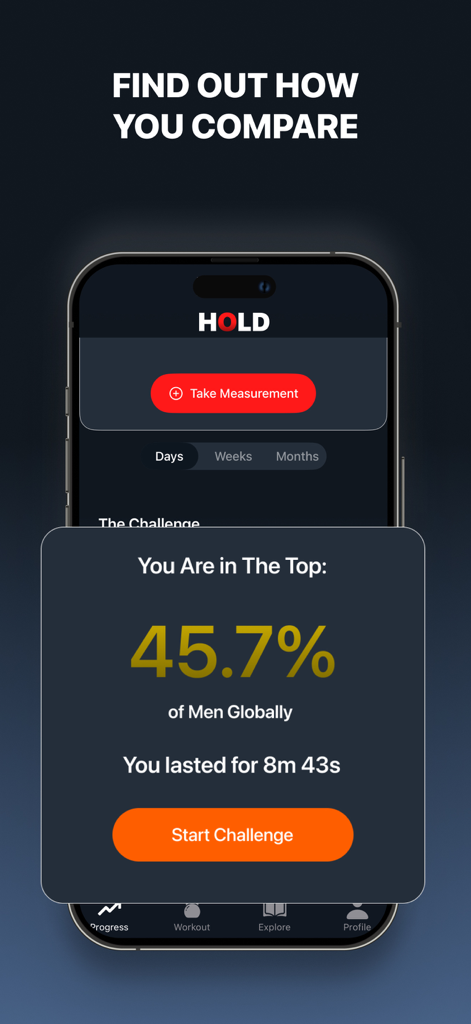 HOLD: Last Longer Kegels - Screenshot of HOLD app showing global performance comparison for men's stamina.