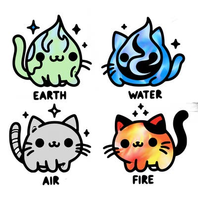 4 cats that represent the different elements, earth, water, air, and fire