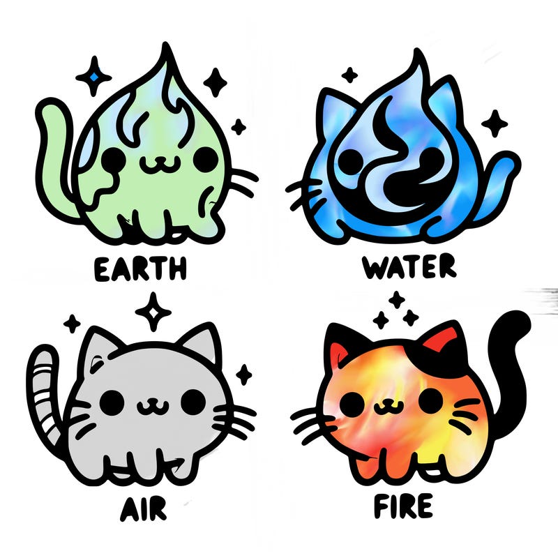 4 cats that represent the different elements, earth, water, air, and fire