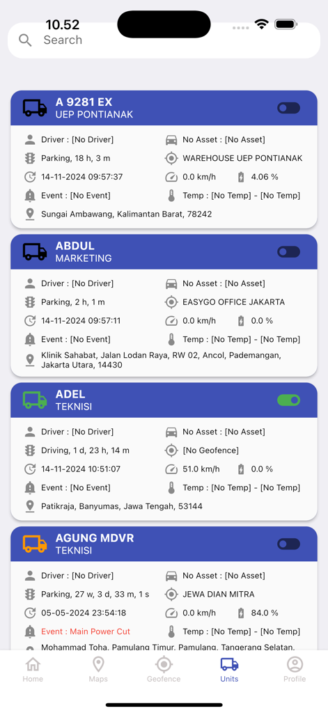 TMS Easygo - Real-time vehicle tracking and fleet units status screen in the TMS Easygo app