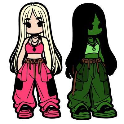 girl in baggy pants crop top and long hair