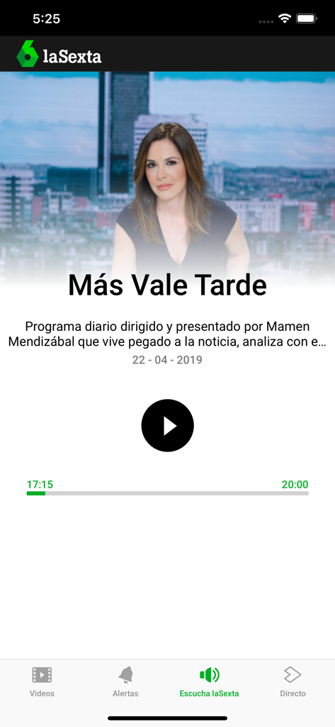 The laSexta mobile app interface showing the audio streaming player for the program Mas Vale Tarde