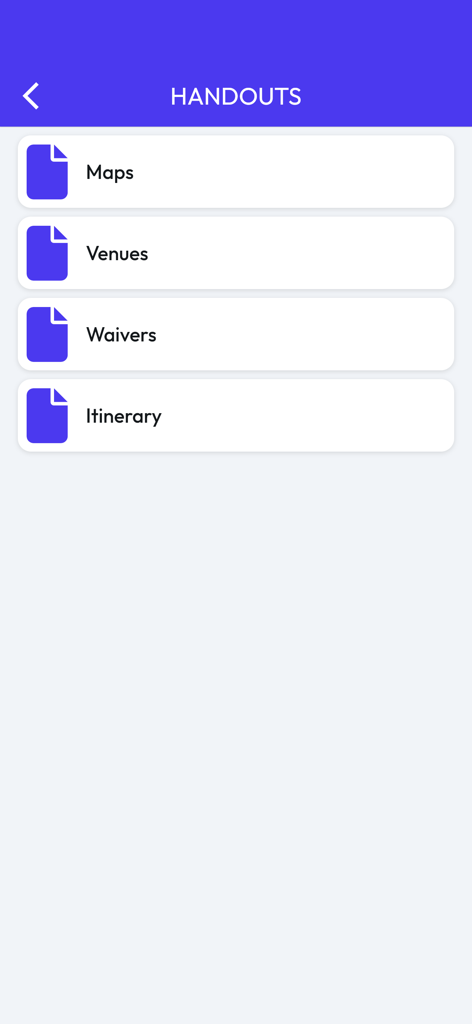MyEvent by Member Minder Pro - Una lista de documentos del evento digitales que incluyen mapas, lugares, exenciones e itinerarios en la aplicación MyEvent.