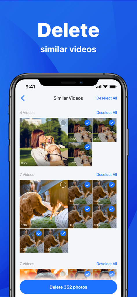 Interfaz de la aplicación Phone Cleaner mostrando grupos de videos similares seleccionados para eliminar y liberar espacio de almacenamiento