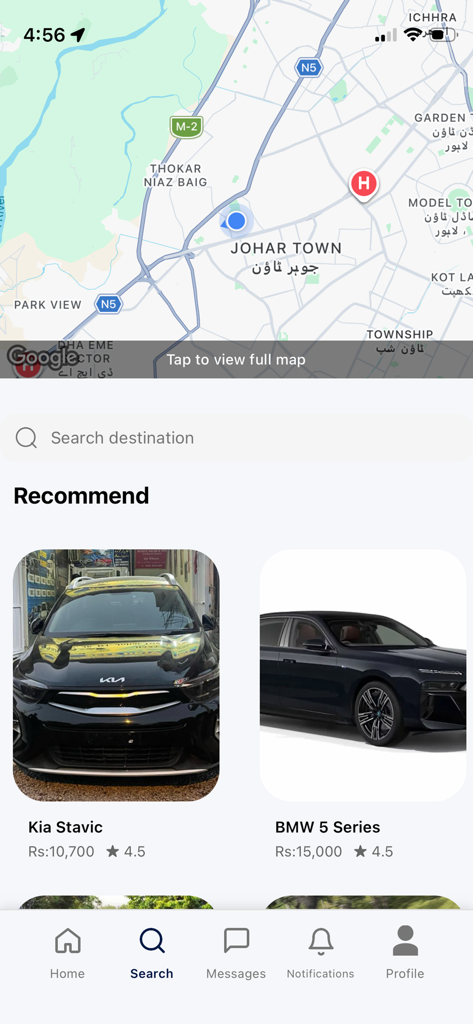 Hire A Car - 가격과 함께 추천 렌터카를 보여주는 라호르의 지도와 함께 Hire A Car 앱의 검색 화면