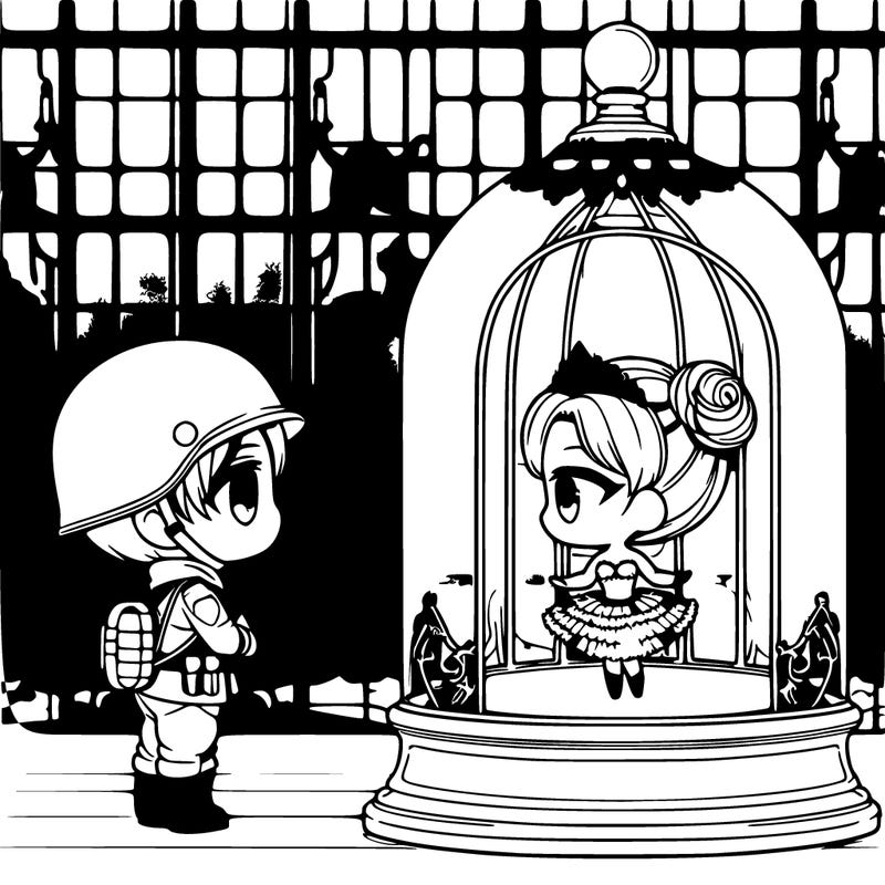 imagine a chibi tin soldier gazing up at a chibi ballerina inside a glass dome set against a window backdrop. the scene is in black and white, without black fill, perfect for easy and playful coloring. let kids add their creative touch to this delightful window view