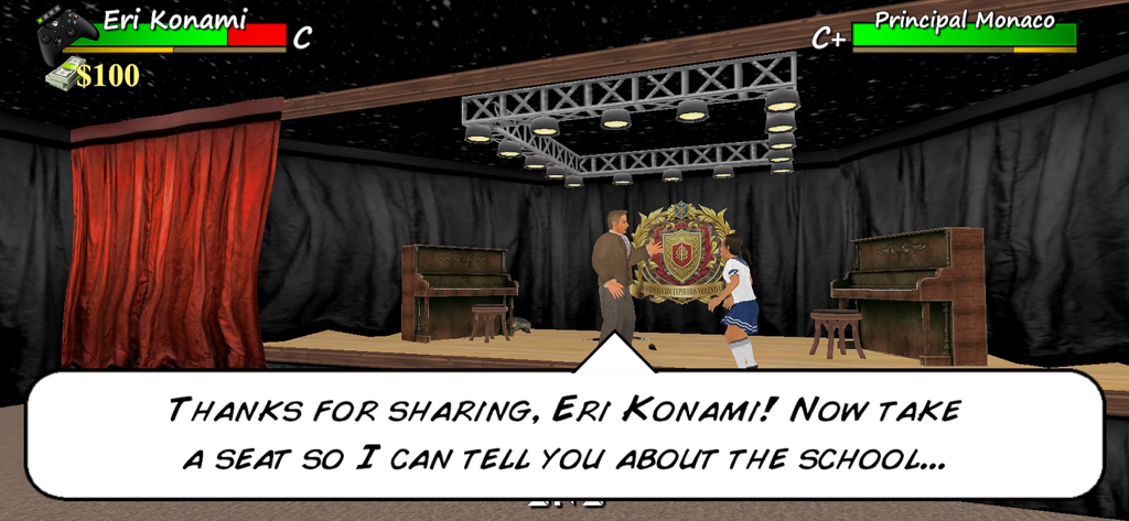 Old School 3D - Principal Monaco speaking to a student on a school stage in Old School 3D