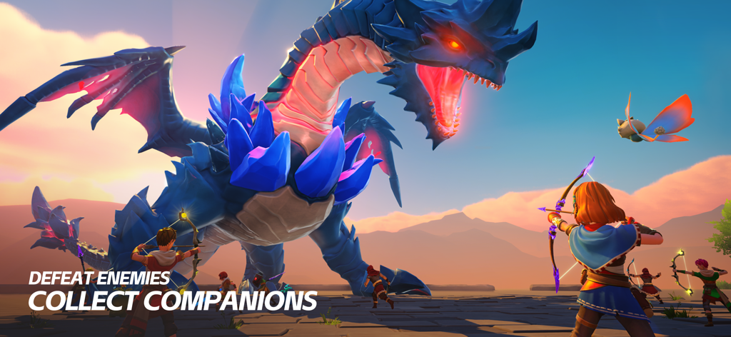 Lightus - Characters in the game Lightus using bows to fight a giant blue dragon with glowing red eyes in a desert landscape