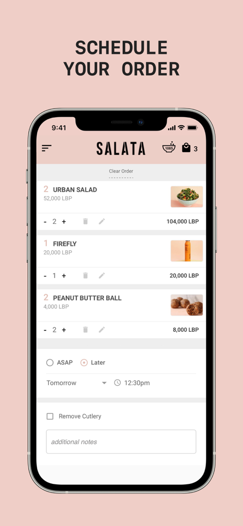 SALATA - Salataアプリの画面は、特定の時間に注文をスケジュールするオプションを備えたフードカートを表示しています。