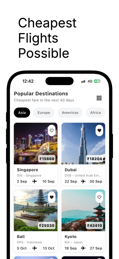 AirHunt app interface showing cheapest flight deals for popular travel destinations like Singapore and Dubai