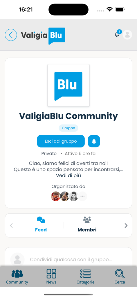 Valigia Blu Community - Home screen of the Valigia Blu Community mobile app showing the group dashboard with feed and navigation tabs.