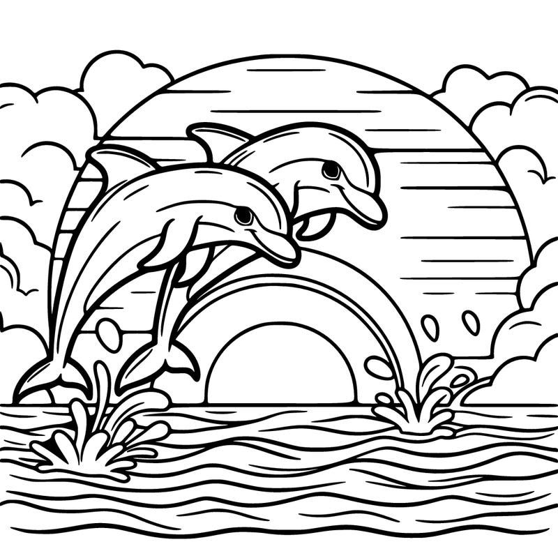 dolphins jumping in water with sunset