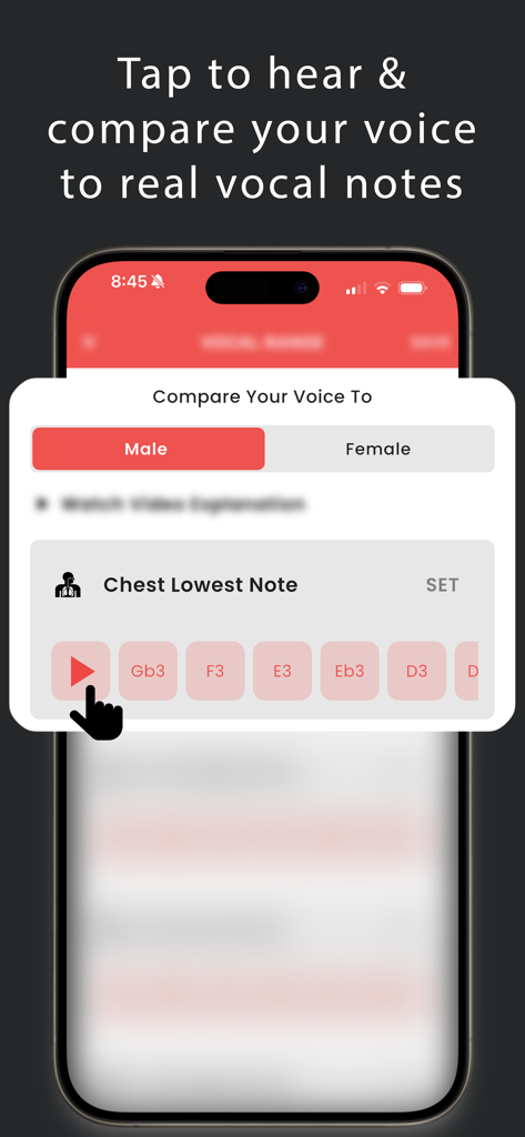 실제 남성 또는 여성의 목소리 음표와 음역대를 비교하는 인터페이스