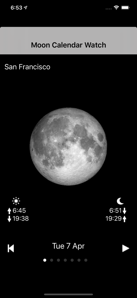 Moon Calendar Watch app displaying full moon phase and sunrise sunset times