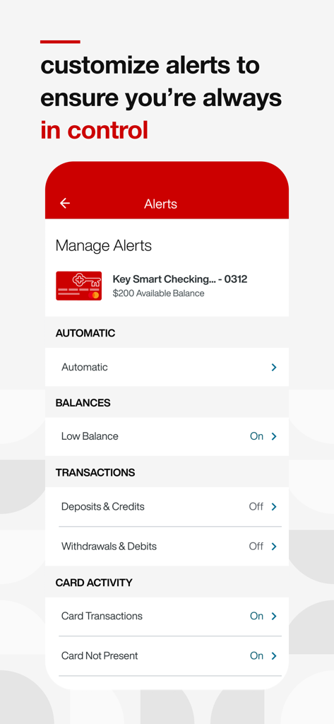 KeyBank mobile app interface showing options to customize and manage account alerts for balances and transactions
