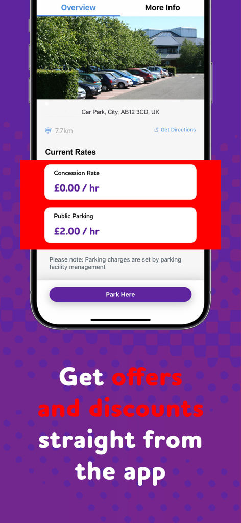 Ecrã do smartphone da aplicação Sippi exibindo tarifas e informações de localização de estacionamento com um apelo à ação para estacionar.