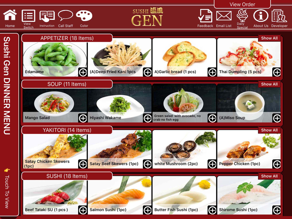 King's Menu - A digital restaurant menu on an iPad showing various sushi and appetizer dishes with high quality photos