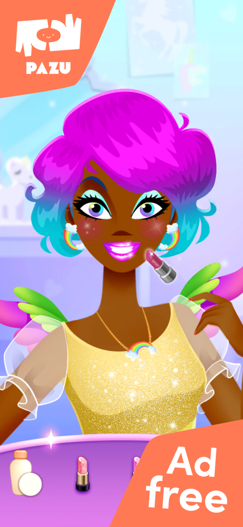 A girl with bright purple hair and rainbow jewelry applying lipstick in a unicorn themed makeup game with an ad free banner