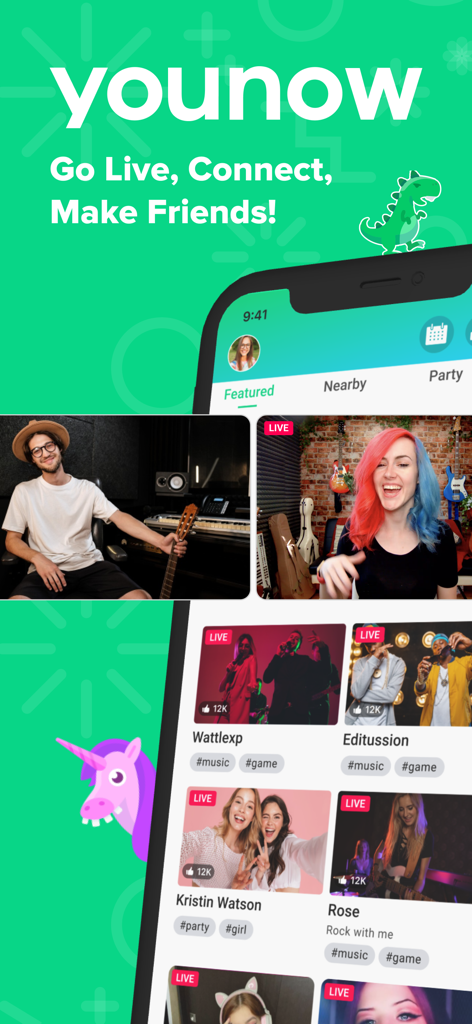 Interface do aplicativo YouNow apresentando vários streamers ao vivo e o slogan Entre ao Vivo Conecte-se Faça Amigos