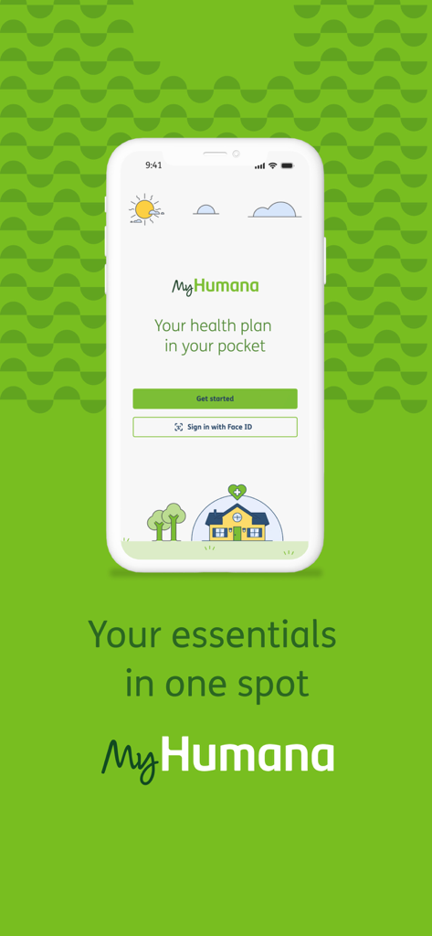 MyHumana - Pantalla de bienvenida de la aplicación móvil MyHumana que muestra la opción de inicio de sesión Face ID y el lema del plan de salud