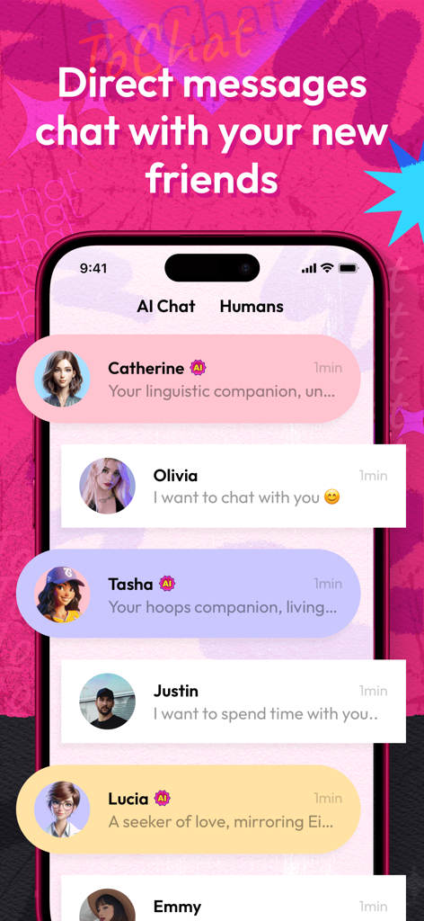 Interface of the ToChat app showing a list of direct messages from both AI companions and human friends