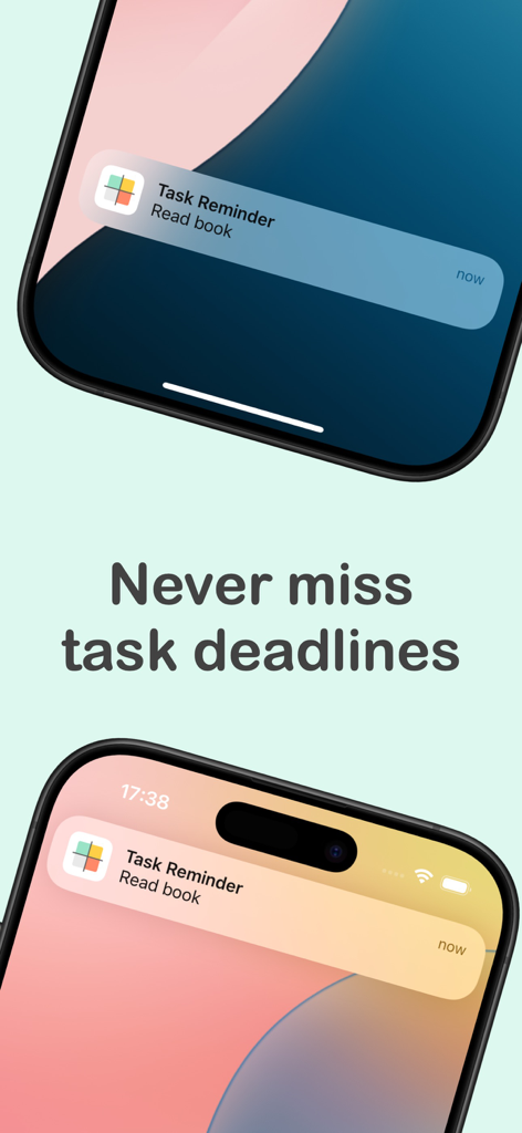 Eisenhower Matrix:Task Planner - 「タスクの締め切りを逃すことはありません」というテキストが表示されたロック画面のタスクリマインダー通知を表示する2台のiPhone。