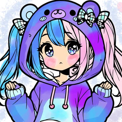 cute anime girl with ponytails and a cute bear hoodie
