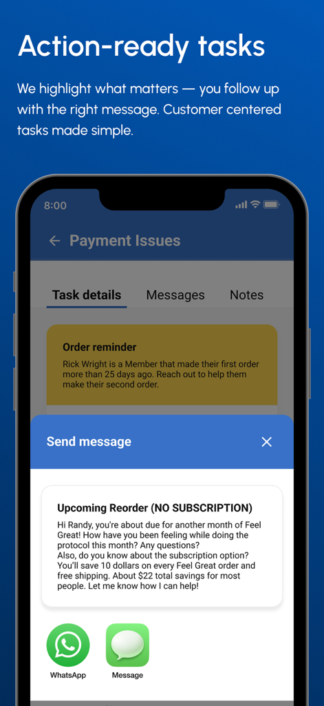Unicity Go app screen displaying a customer order reminder and message template.