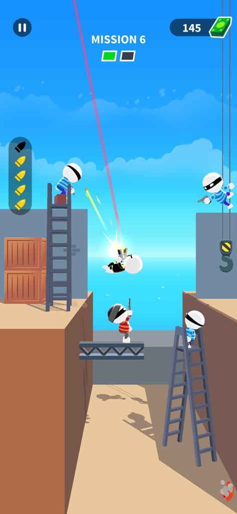 Personaggio di Johnny Trigger che spara ai nemici a mezz'aria in un gioco d'azione stilizzato