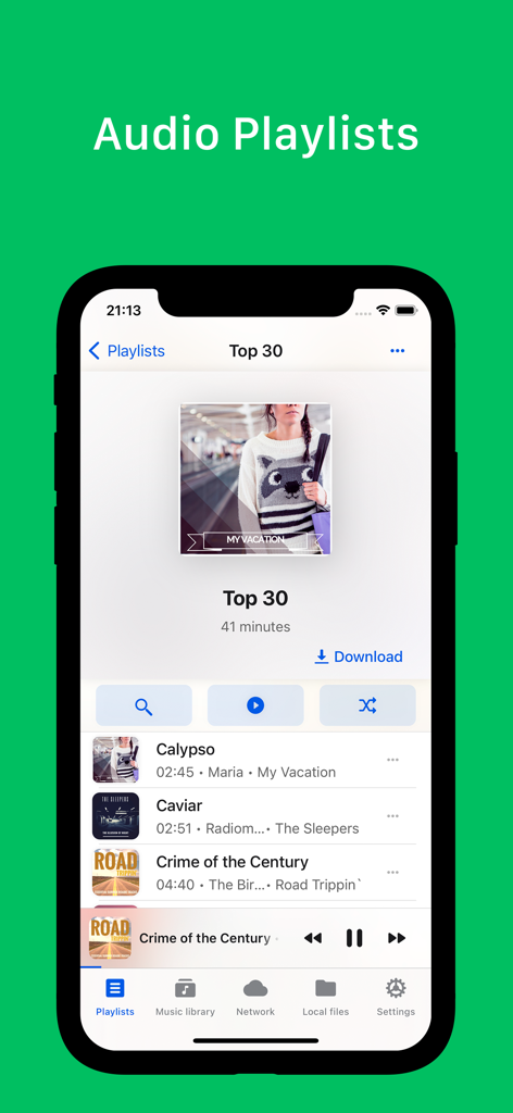 Uma captura de tela do aplicativo GoPlayer mostrando uma lista de reprodução de música personalizada chamada Top 30 com opções para baixar e tocar músicas.