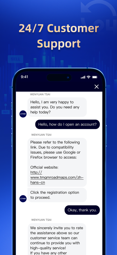 TMGM: Global CFD Trading App - 24/7 customer support chat interface in the TMGM trading app