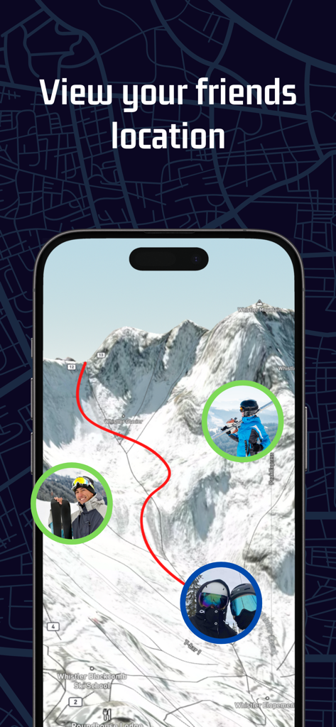 Ski & Snowboard - iSlope - iSlope app interface showing friends locations on a 3D ski resort mountain map
