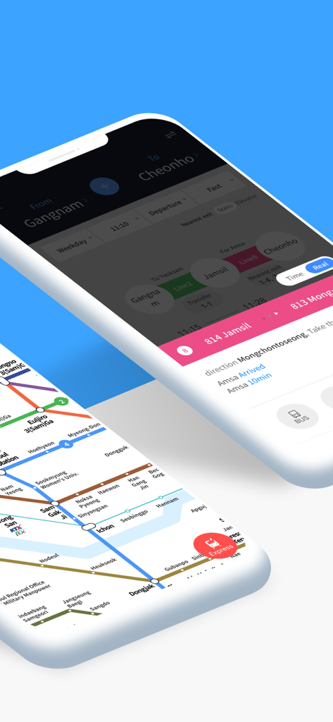 Smarter Subway app interface showing route planning from Gangnam to Cheonho and a detailed Seoul subway map in English.